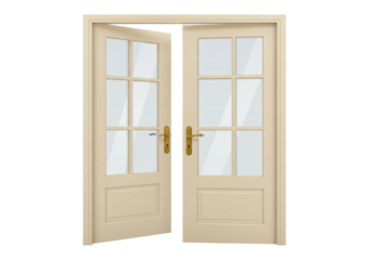 Isolated beige wooden double doors with glass inserts open in a doorway, home interior