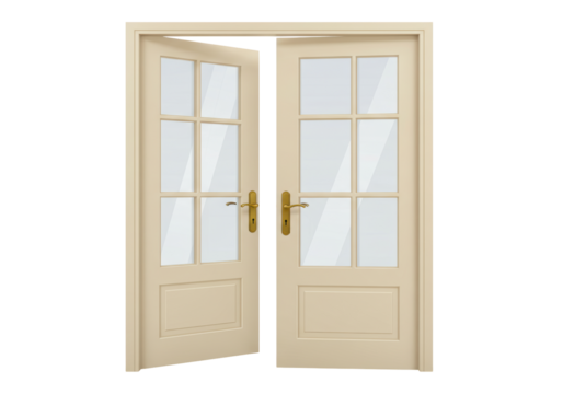 Isolated beige wooden double doors with glass inserts open in a doorway, home interior