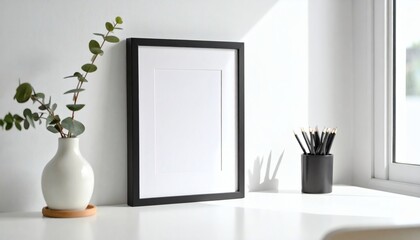 Minimalist Desk Setup: Blank Photo Frame, Eucalyptus, Pencils, Natu...