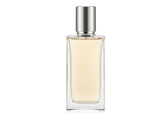Isolated glass perfume bottle with silver top and pale yellow liquid, sophisticated item