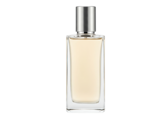Isolated glass perfume bottle with silver top and pale yellow liquid, sophisticated item