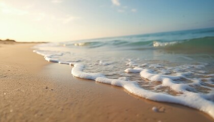 Fototapeta premium Gentle ocean waves lap onto a sandy beach, creating a serene and peaceful seascape. The clear blue water and soft sand offer a tranquil natural landscape, perfect for summer vacation relaxation.