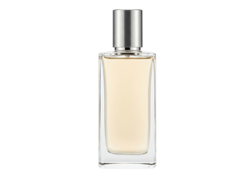 Isolated glass perfume bottle with silver top and pale yellow liquid, sophisticated item