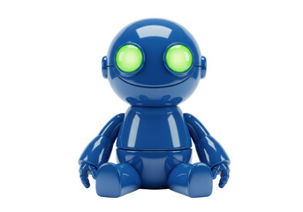 Isolated blue robot figure sitting down with green eyes is cute and funny-looking