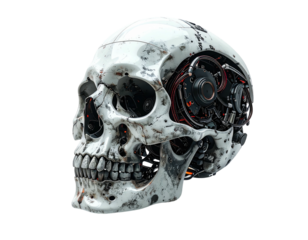 Cybernetic skull, weathered white, intricate mechanism