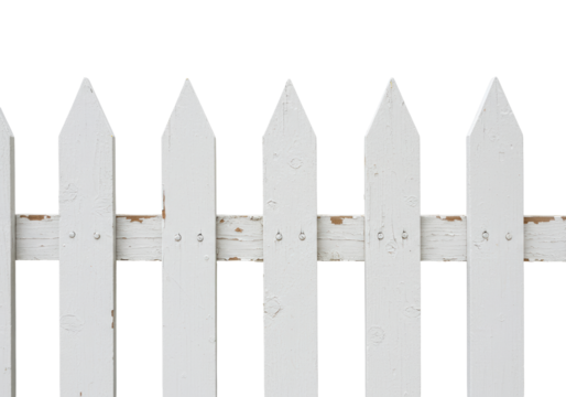 Isolated weathered white wood fence, perfect for outdoor design elements and yard work projects
