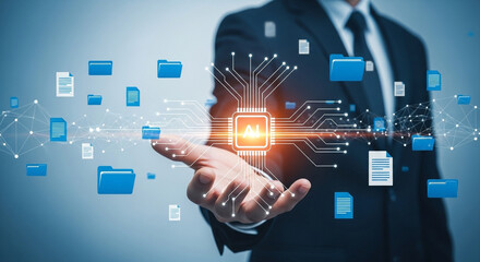 Businessman holding AI chip with digital data and files around artificial intelligence