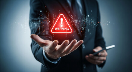 Businessman holding a glowing red warning sign with binary code danger alert