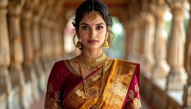 A woman adorned in traditional South Indian attire, showcasing intricate gold jewelry and a rich maroon and gold saree, stands gracefully.