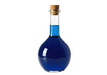 Isolated vintage potion flask with cork and bright blue liquid for alchemy or laboratory