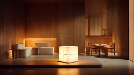 Modern luxury living room with unique wall and beautiful sofa, couch and table with light lamp 