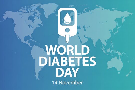 World diabetes day graphic with blood glucose meter icon and world map