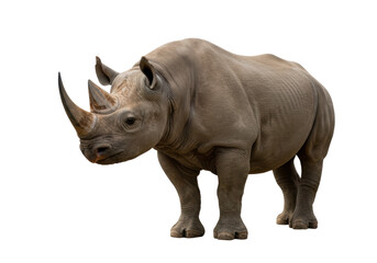 Isolated black rhinoceros stands looking forward, impressive horn and thick wrinkly skin