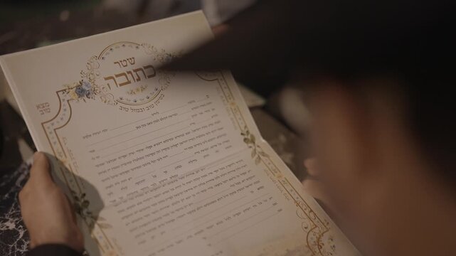 Rabbi reading thr ketubah during a traditional jewish wedding ceremony, close-up of hands holding the marriage contract.