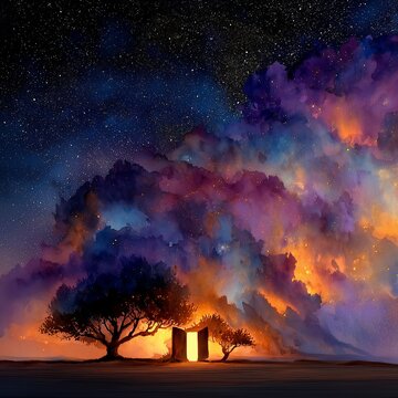 Watercolor and tempera painting of a glowing magical portal hidden in a forest, swirling with cosmic mist and opening to a fantasy realm.