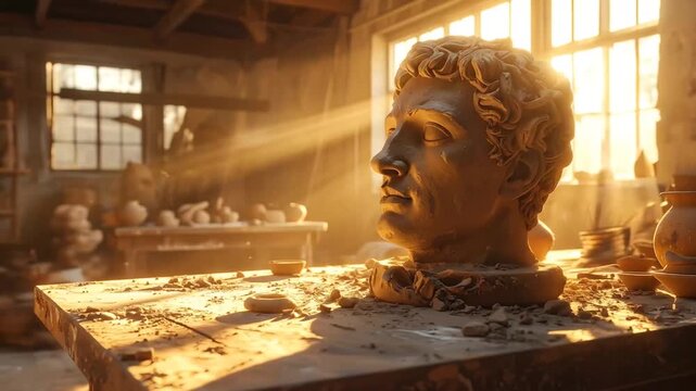 Sculpting Clay Head in Sunlit Studio