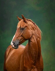 Obraz premium A close-up profile of a magnificent chestnut horse, showcasing its rich coat and elegant head against a blurred backdrop of lush greenery.