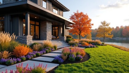 Modern home with autumnal landscape design features vibrant fall colors, rich garden, serene lake view. Stone, dark siding exterior complements ornamental plants, creating tranquil, elegant property.