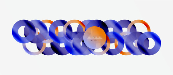Abstract design features overlapping circles, blue, orange hues. Minimalist composition, modern aesthetic, clean background.