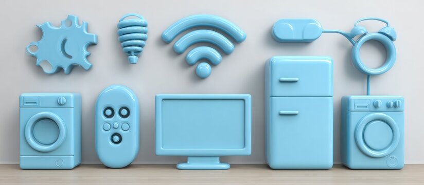 A collection of stylized blue smart home icons, including appliances and symbols, arranged on a surface