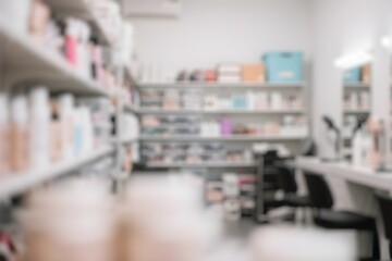 Obraz premium well-organized stock room filled with various beauty products and supplies. the workspace features shelves, storage bins, and equipment for professional salon services. Blurred background 
