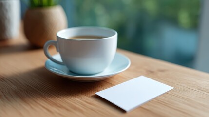 Fototapeta premium A photorealistic image of a business card mockup on a wooden desk, next to a coffee cup.
