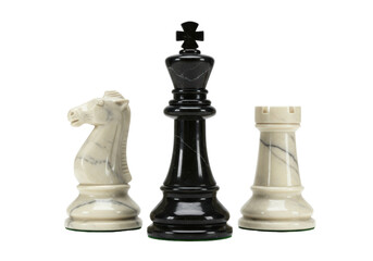 Isolated chess pieces King, Knight and Rook, a marble chess set displayed with a tall King