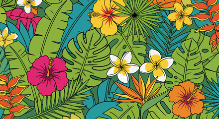 Vibrant tropical floral pattern with lush green leaves and colorful exotic flowers