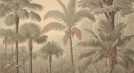 Serene tropical palm tree landscape art with soft peachy hues and lush greenery