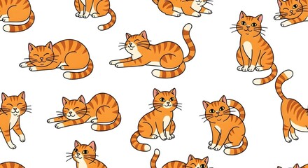 Obraz premium A seamless pattern of cute cartoon ginger tabby cats in various playful poses on a white background.