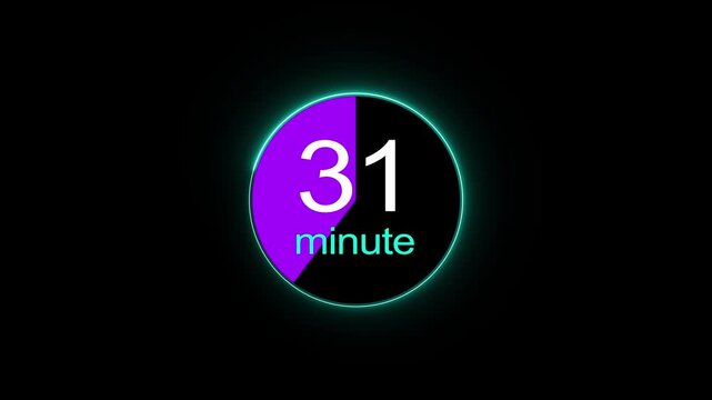 Abstract clock icon animation. 31 minute timer symbol, isolated on  black background, and creating a stunning 4k video.