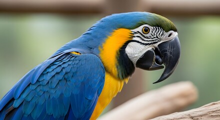 Obraz premium A detailed close-up profile of a vibrant blue-and-yellow macaw parrot perched on a branch.
