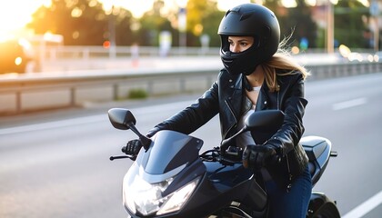 A woman in a black helmet and leather jacket rides a motorcycle on a city street, illuminated by the setting sun