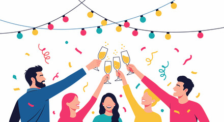 Fototapeta premium Celebratory Party Scene with Diverse Group of People Toasting with Champagne Glasses, Colorful Decorations, Festive Streamers, and String Lights Creating a Joyful, Lively Atmosphere for Events and