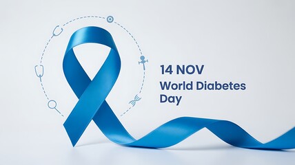 World diabetes day on november 14th with blue ribbon and medical icons