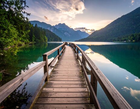 Serene mountain lake vista - Powered by Adobe