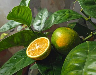 Vibrant citrus fruits on a leafy branch