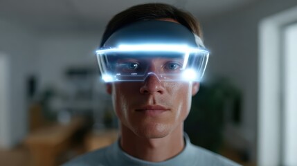 A person wearing a VR headset, surrounded by a digital interface in a modern living space, representing the future of work and immersive technology.