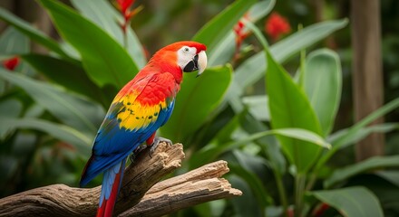 Obraz premium A vibrant Scarlet Macaw with red, yellow, and blue feathers is perched on a tree branch in a lush tropical jungle.