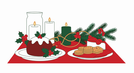 Festive Christmas Dessert Table Setup with Holly, Candles, Chocolate Cake, Cookies, and Holiday Decorations for Celebrations and Seasonal Events