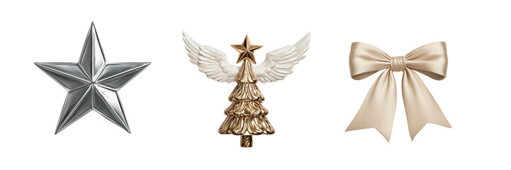 Silver star gold angel tree and champagne bow ornaments isolated on a transparent background metallic