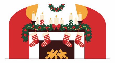 Festive Christmas Fireplace Decor with Candlelit Advent Wreath, Holly Greenery and Stockings - Seasonal Holiday Warmth, Cozy Home Interior, Celebration, Christmas Spirit, Family Tradition, Seasonal