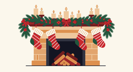 Festive Christmas Fireplace Decor with Stockings & Candles for Holiday Celebration, Warm Winter Atmosphere, Seasonal Home Decor with Greenery, Bows, and Cozy Ambiance