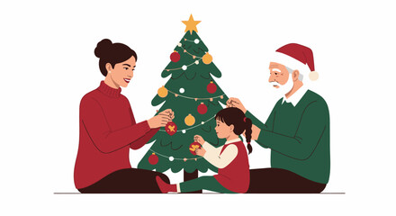 Festive Christmas Scene with Family Decorating a Christmas Tree, Cozy Holiday Celebration with Santa Claus, Joyful Moment of Tradition, Warm Seasonal Spirit, and Homely Family Bonding