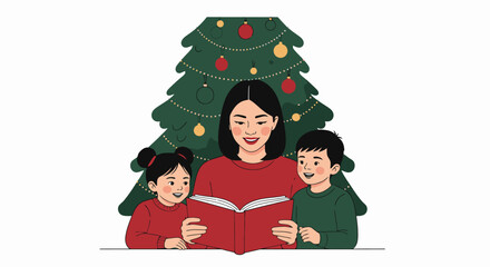 Festive Christmas Scene with Mother and Children Reading a Book in Front of Decorated Christmas Tree, Holiday Joy and Family Bonding, Winter Celebration, Seasonal Greetings, Warm Cozy Atmosphere