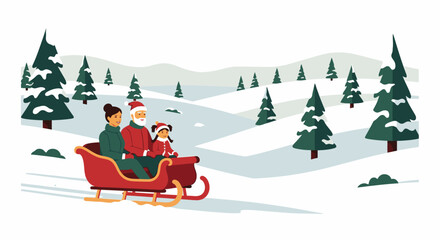 Festive Christmas Scene with Santa Claus and Children Riding in a Sleigh Through a Snowy Forest Landscape Perfect for Holiday Greeting Cards and Winter Seasonal Promotions