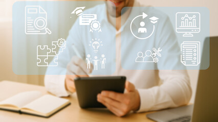 Business illustration of businessman bringing modern technology, data structure analysis and human resource management.