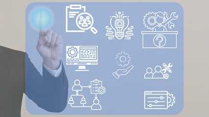 Illustration of businessman analyzing strategy and managing process with modern technology.