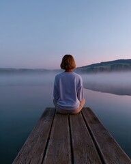 Fototapeta premium A young woman meditating on a wooden dock by a calm lake with mist rising at dawn