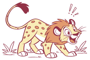 Animated Alert Lion Standing on the Grass with White Background Cartoon